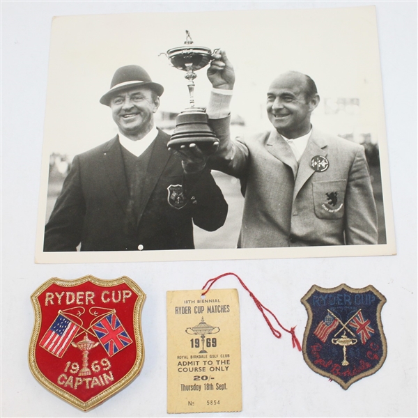 1969 Ryder Cup Lot: Captains Holding Trophy Wire Photo, Thursday Ticket, Crest, & Blazer Badge Captain