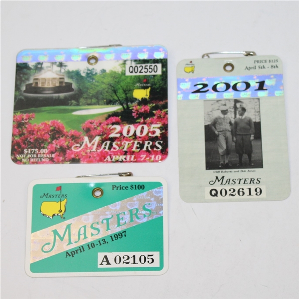 1997, 2001, & 2005 Masters Tournament Badges - Tiger Woods Victories