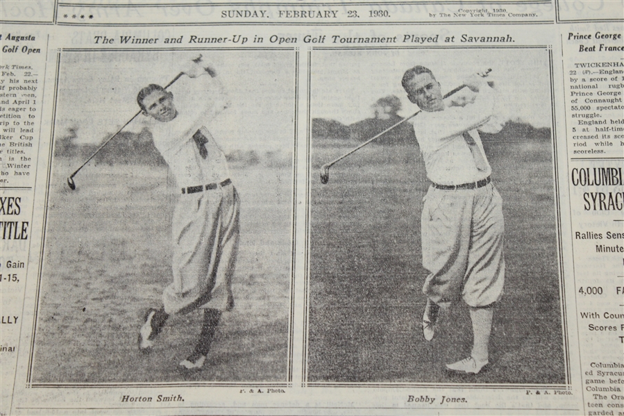 1930 NY Times Sports Section - Horton Smith Defeats Bobby Jones - Grand Slam Year!