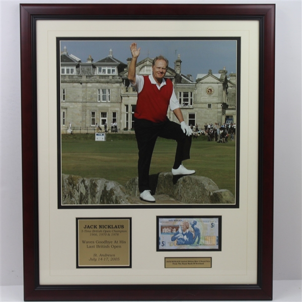 Nicklaus Waves Goodbye from St. Andrews Display - Photo, 5lb Note, & Plaque - Framed