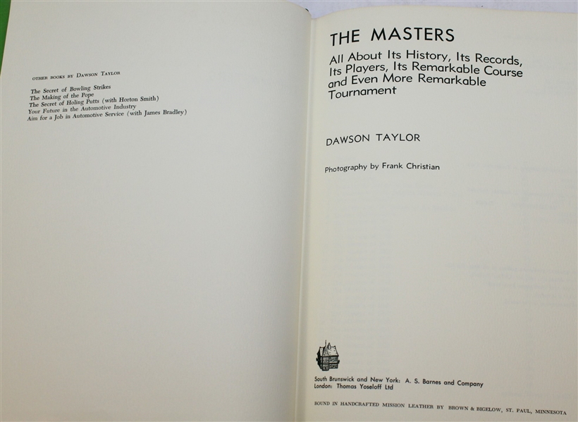 'The Masters: Profile of a Tournament' 1st Edition Book by Dawson Taylor - 1973