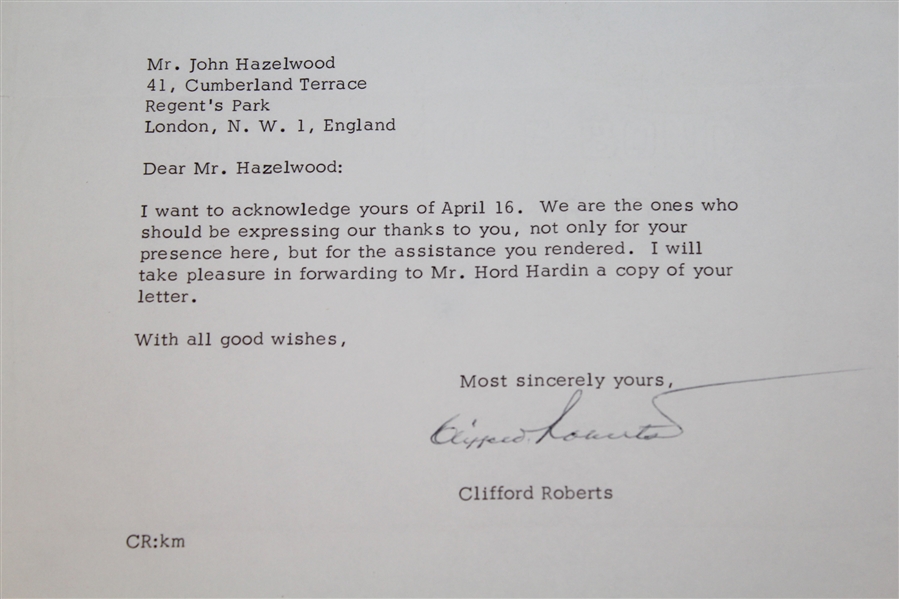 Clifford Roberts Signed April 24, 1973 Letter on Augusta Letterhead JSA #Q64242