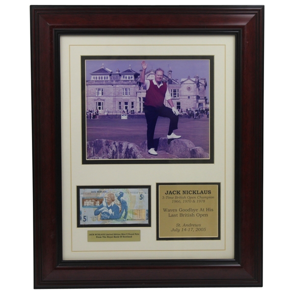 Jack Nicklaus Display- Waving Goodbye From Swilcan Bridge, 5 Pound RBS Note- Framed