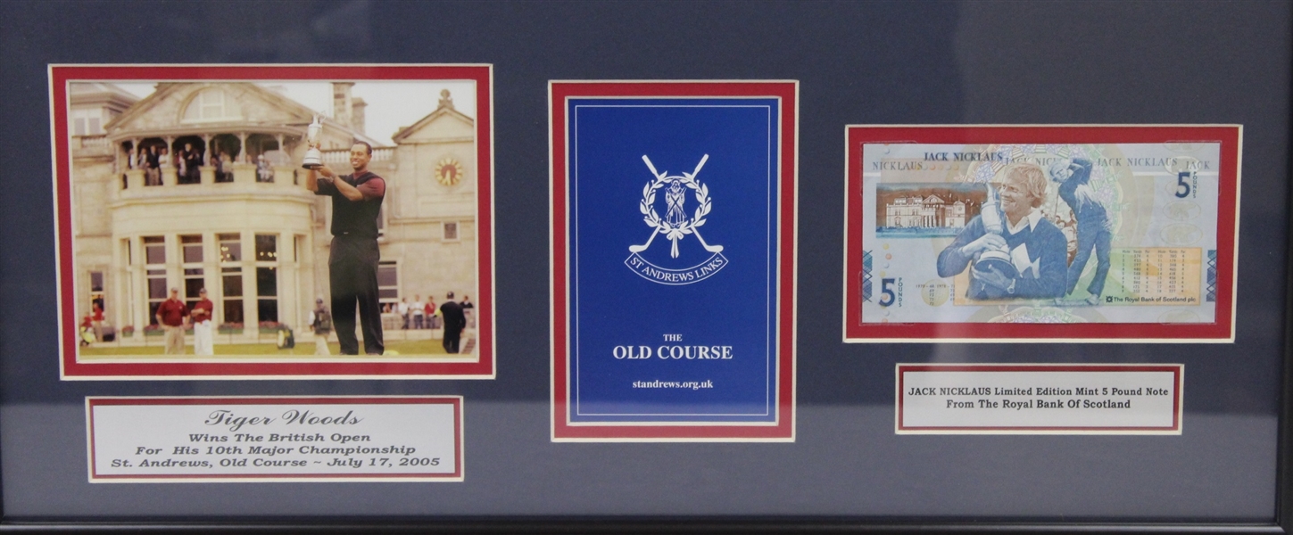 2005 British Open Display- 18th Hole Flag, Tiger Woods Trophy Photo, Nicklaus 5 Pound RBS Note- Framed