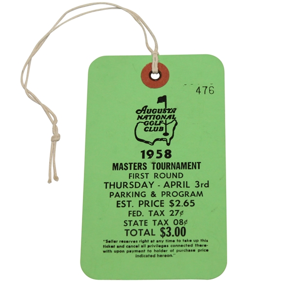 1958 Masters Tournament Thursday Ticket #476 - Arnold Palmer Winner