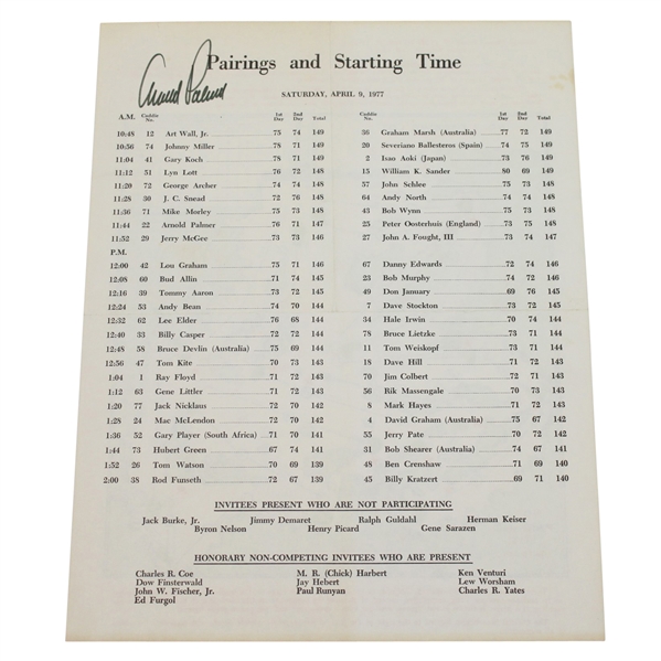 Arnold Palmer Signed 1977 Masters Saturday Pairing Sheet JSA ALOA