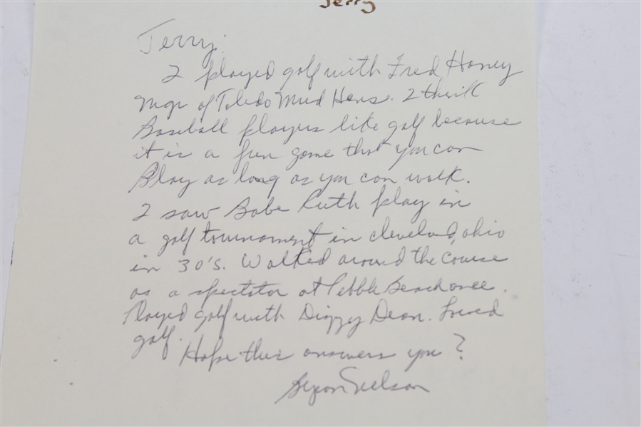 Byron Nelson Hand Written Letter Alluding to Watching Babe Ruth Golf JSA ALOA