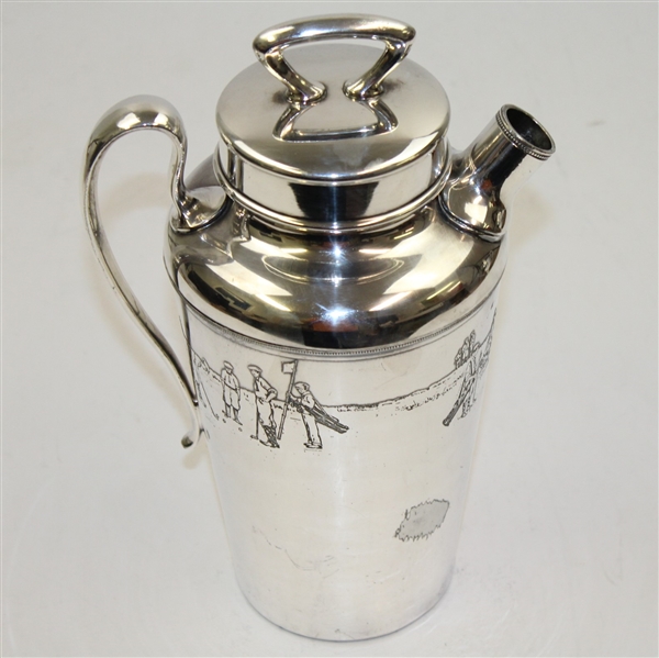 Meriden White Metal Cocktail Shaker with Engraved Golfer Scene