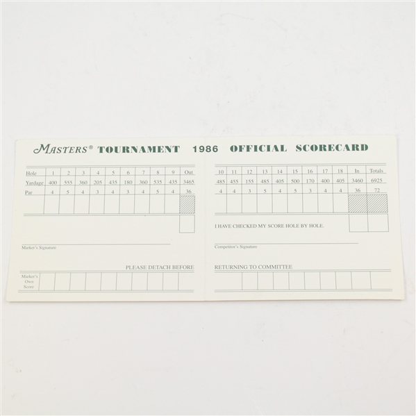 1986 Masters Official Scorecard