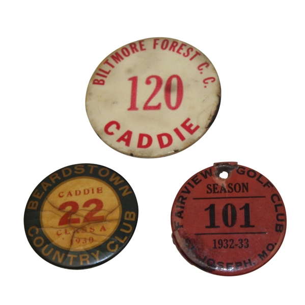 Lot of 3 Badges - 1930 Class A Beardstown #22 Caddie, Biltmore Forest, & Fairview GC-ROTH COLLECTION