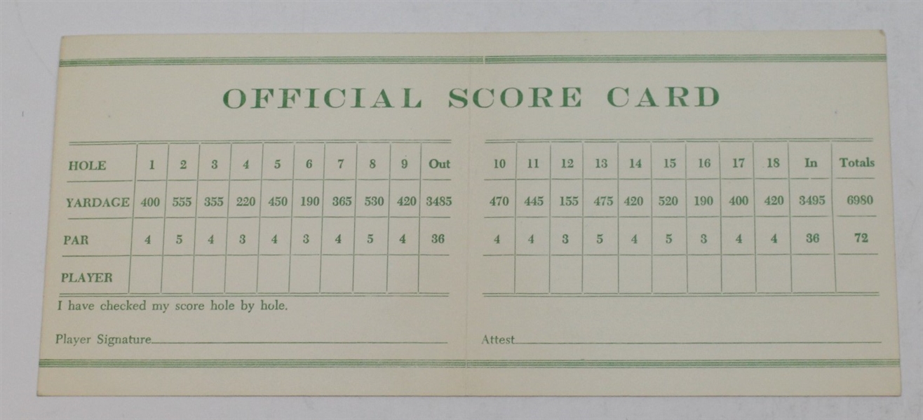 1959 Masters Tournament Official Scorecard