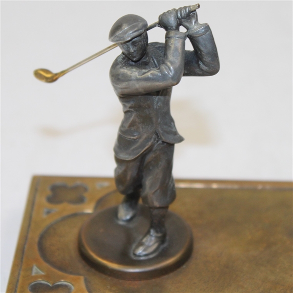 Vintage Bronze Fountain Pen Holder Stand and Golfer with 14k Sheaffer Gold Pen 