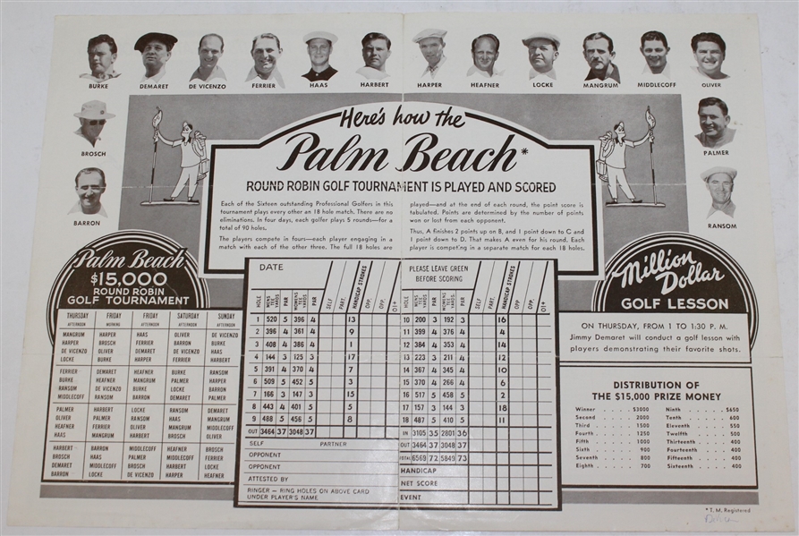 Roberto de Vicenzo Signed 1951 Palm Beach Tournament Program with Pairing Sheet JSA ALOA