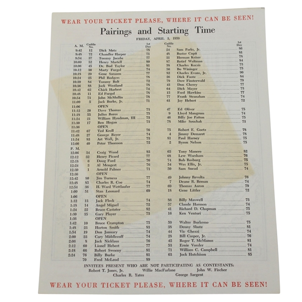 1959 Masters Tournament Friday Pairing Sheet