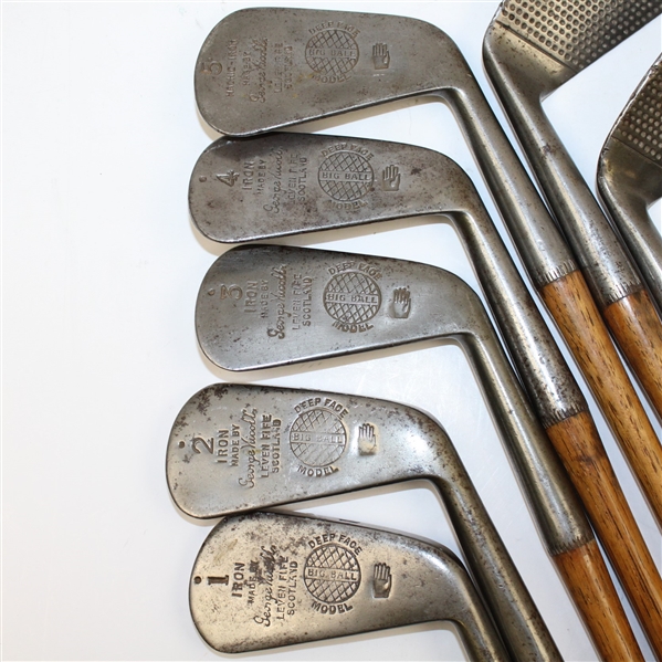 Complete Set of George Nicolls Deep Faced 'Big Ball' Play Hickory Clubs - 1-9 Iron - ROTH COLLECTION