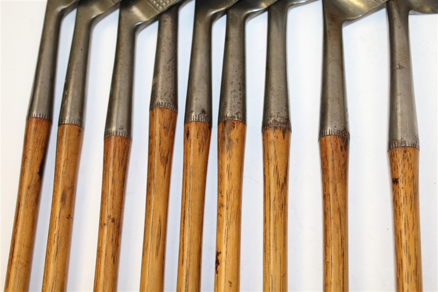 Complete Set of George Nicolls Deep Faced 'Big Ball' Play Hickory Clubs - 1-9 Iron - ROTH COLLECTION