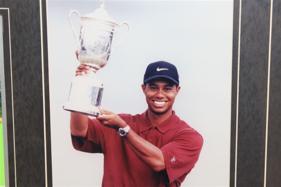 2002 US Open Winner Tiger Woods Display with Ticket, Photo, and Plate - Framed