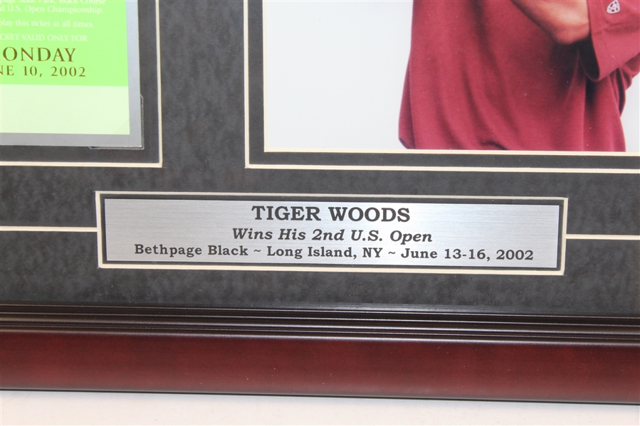 2002 US Open Winner Tiger Woods Display with Ticket, Photo, and Plate - Framed