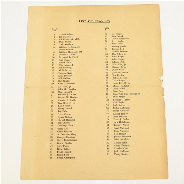 1965 Masters Par 3 Contest Pairing Sheet - April 7, 1965
