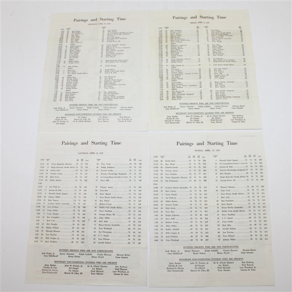 1975 Masters Tournament Complete Thursday-Sunday Pairing Sheets - Nicklaus Winner