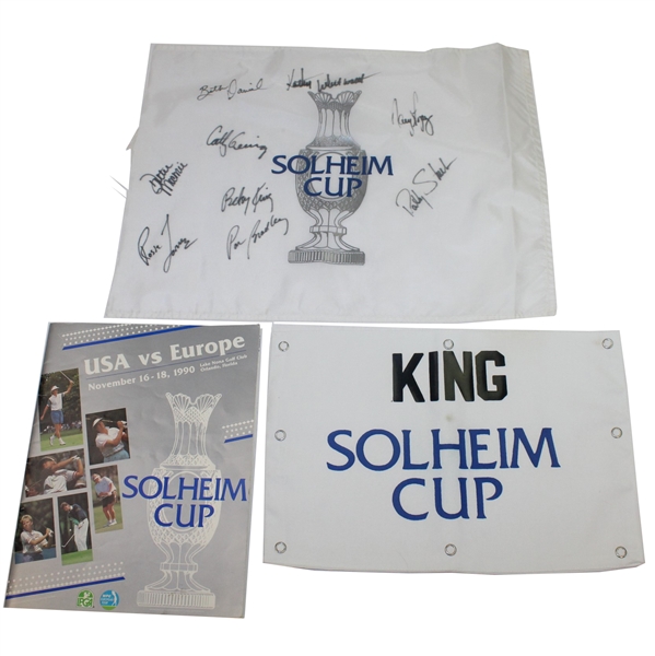 Betsy King Inaugural Solheim Cup Caddy Nameplate, Program, & USA Team Signed Course Flown Flag JSA ALOA