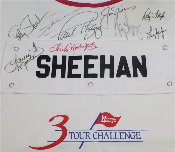 1993 Three Tour Challenge Caddy Bib LPGA HOF Patty Sheehan Signed By 9 (Nicklaus & Norman) JSA ALOA