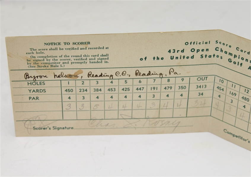 Byron Nelson Match Used Historic 4th Round '39 US Open Win -ROBERT SOMMERS COLLECTION