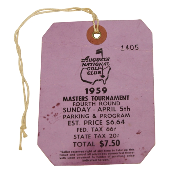 1959 Masters Tournament Fourth Round Sunday Ticket #1405