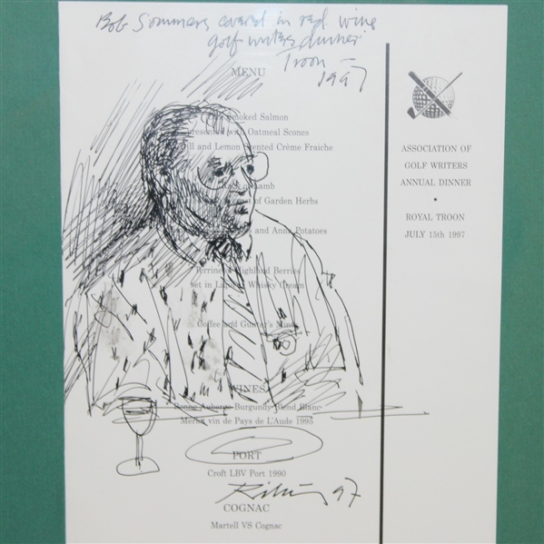 Drawing of Bob Sommers on 1997 Golf Writers Dinner Menu at Royal Troon - Framed -ROBERT SOMMERS COLLECTION