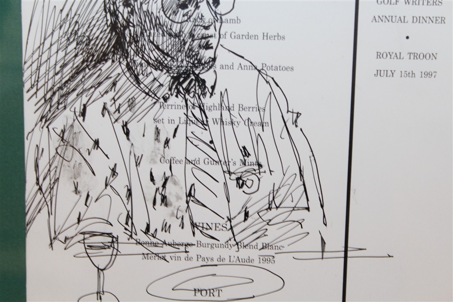 Drawing of Bob Sommers on 1997 Golf Writers Dinner Menu at Royal Troon - Framed -ROBERT SOMMERS COLLECTION