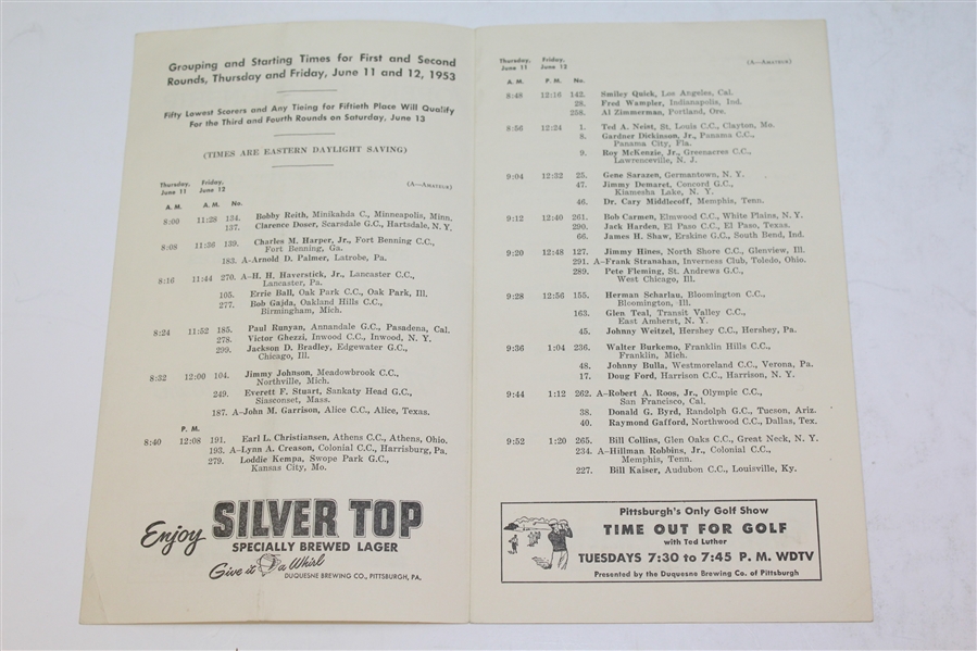 1953 US Open Pairing Sheet - First Two Rounds