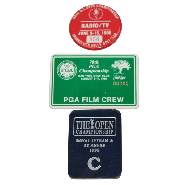 Three TV/Radio/Film Badges from Majors - 1996 Open, 1988 PGA, & 1986 US Open