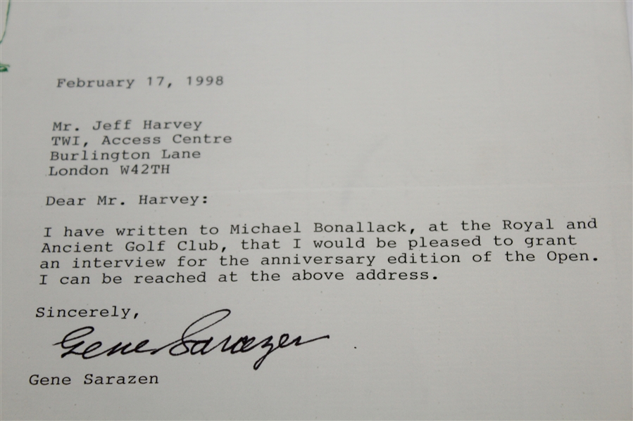 Gene Sarazen Signed February 17, 1998 Letter with Open Anniversary Content JSA ALOA