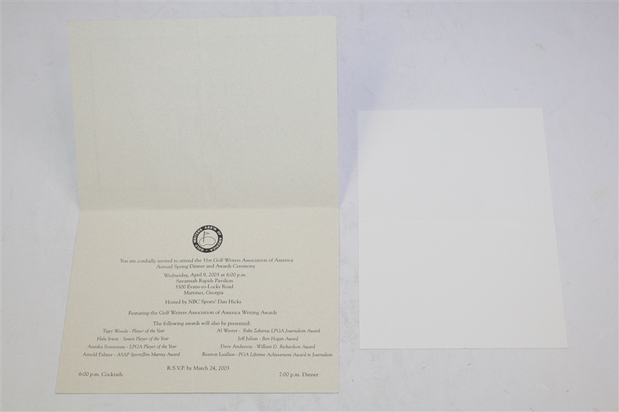 Augusta National Golf Club 2003 Invitation and Program to Golf Writers Dinner