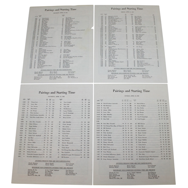 1986 Masters Thursday through Sunday Pairing Sheets - Nicklaus 6th Masters Win