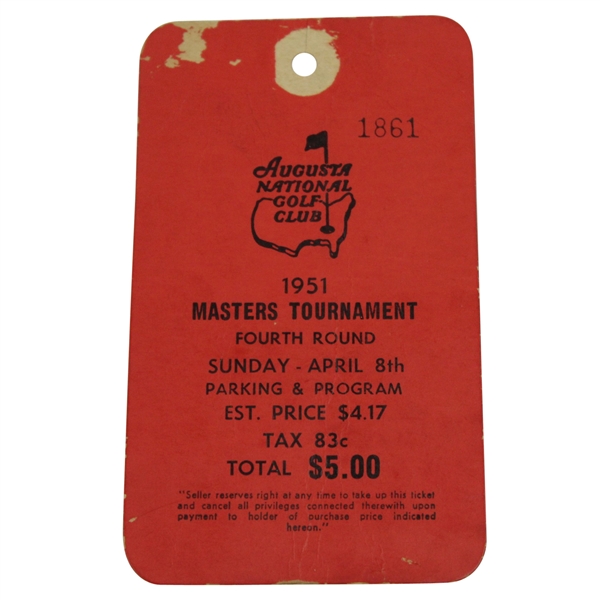 1951 Masters Tournament Sunday Ticket #1861 - Ben Hogan Winner