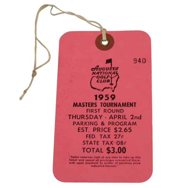 1959 Masters Tournament Thursday Ticket #940 - Art Wall Jr. Winner