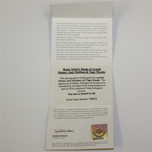 Arnold Palmer, Jack Nicklaus, Tiger Woods Triple Signed Major Victory Golf Print Ltd Ed UDA 109/250