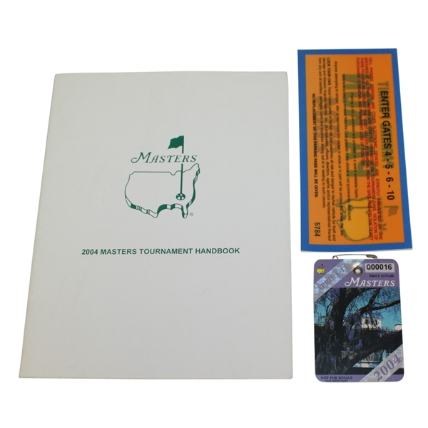 2004 Masters Tournament Handbook, Parking Pass, and Badge - Mickleson 1st Masters Win