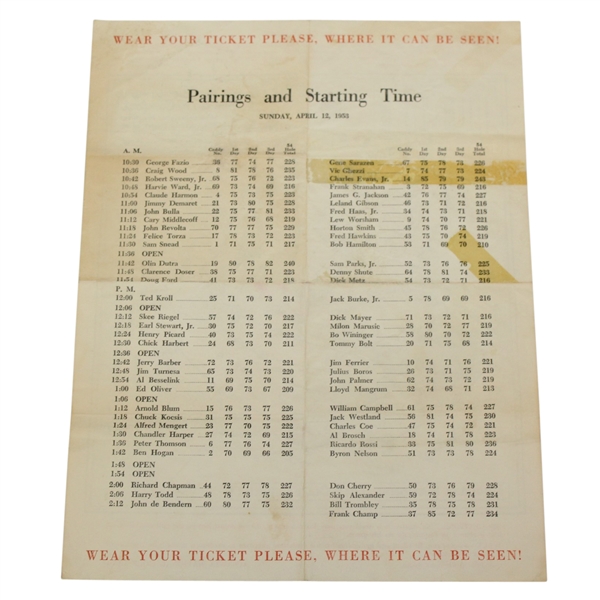 1953 Masters Sunday Pairing Sheet - Some Tape Marks 