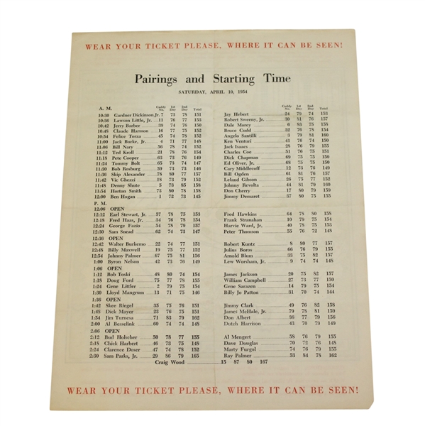 1954 Masters Saturday Pairing Sheet 