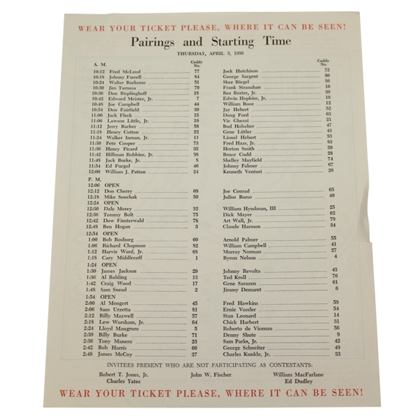 1956 Masters Thursday Pairing Sheet