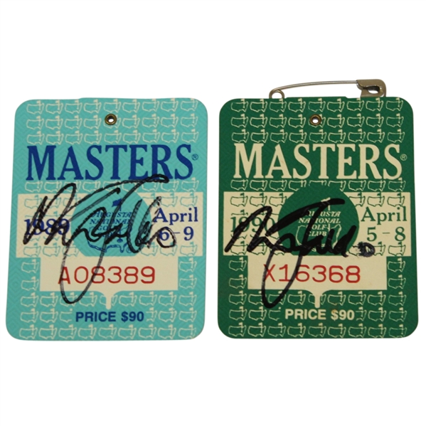 Nick Faldo Signed 1989 Masters Badge #A08389 & 1990 Masters Badge #X16368 JSA ALOA