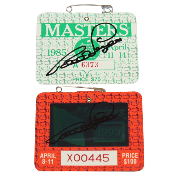 Bernhard Langer Signed 1985 Masters Badge #A6373 & 1993 Masters Badge #X00445 JSA ALOA