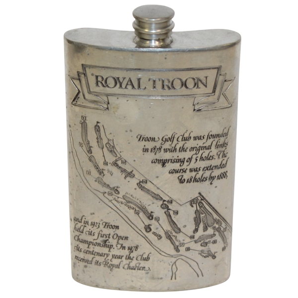 Royal Troon Pewter Flask with Course & Scorecard Engraved - Made in England