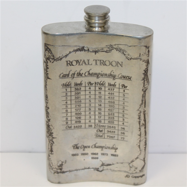 Royal Troon Pewter Flask with Course & Scorecard Engraved - Made in England