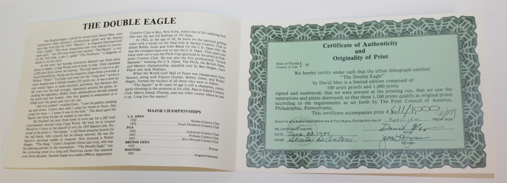 Gene Sarazen Signed Ltd Ed 611/1000 David Meo 'Double Eagle' Print JSA ALOA