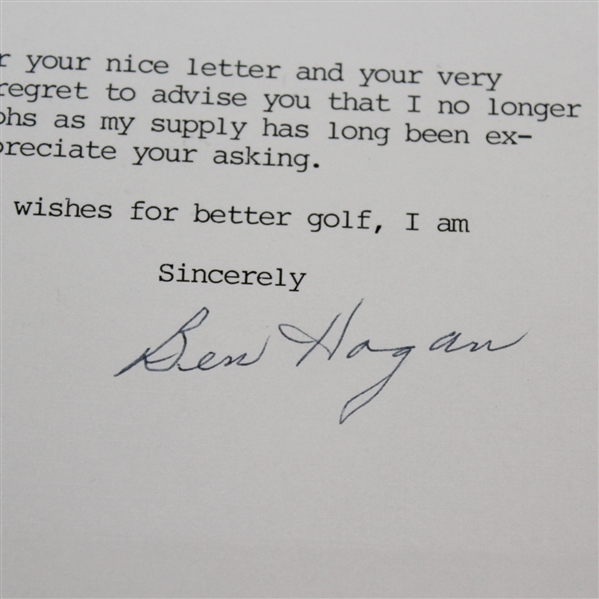 Ben Hogan Signed Letter - 1987 JSA ALOA
