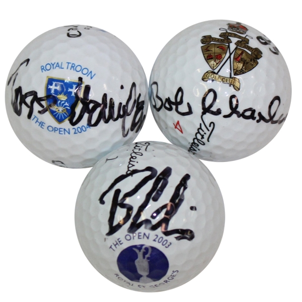 Three British Open Logo Golf Balls Signed by Champions Curtis, Charles, Hamilton JSA ALOA
