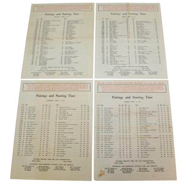 1971 Masters Tournament Thursday, Friday, Saturday, & Sunday Pairing Sheets